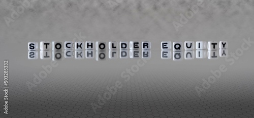 stockholder equity word or concept represented by black and white letter cubes on a grey horizon background stretching to infinity