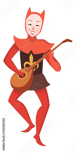 Medieval musician playing lute. Minstrel cartoon character