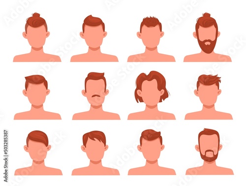 Men hairstyles. Different modern male haircuts, hipster and classic trendy style, short and long, brown mustaches and beards on mannequins, professional hairstyle in barbershop vector set