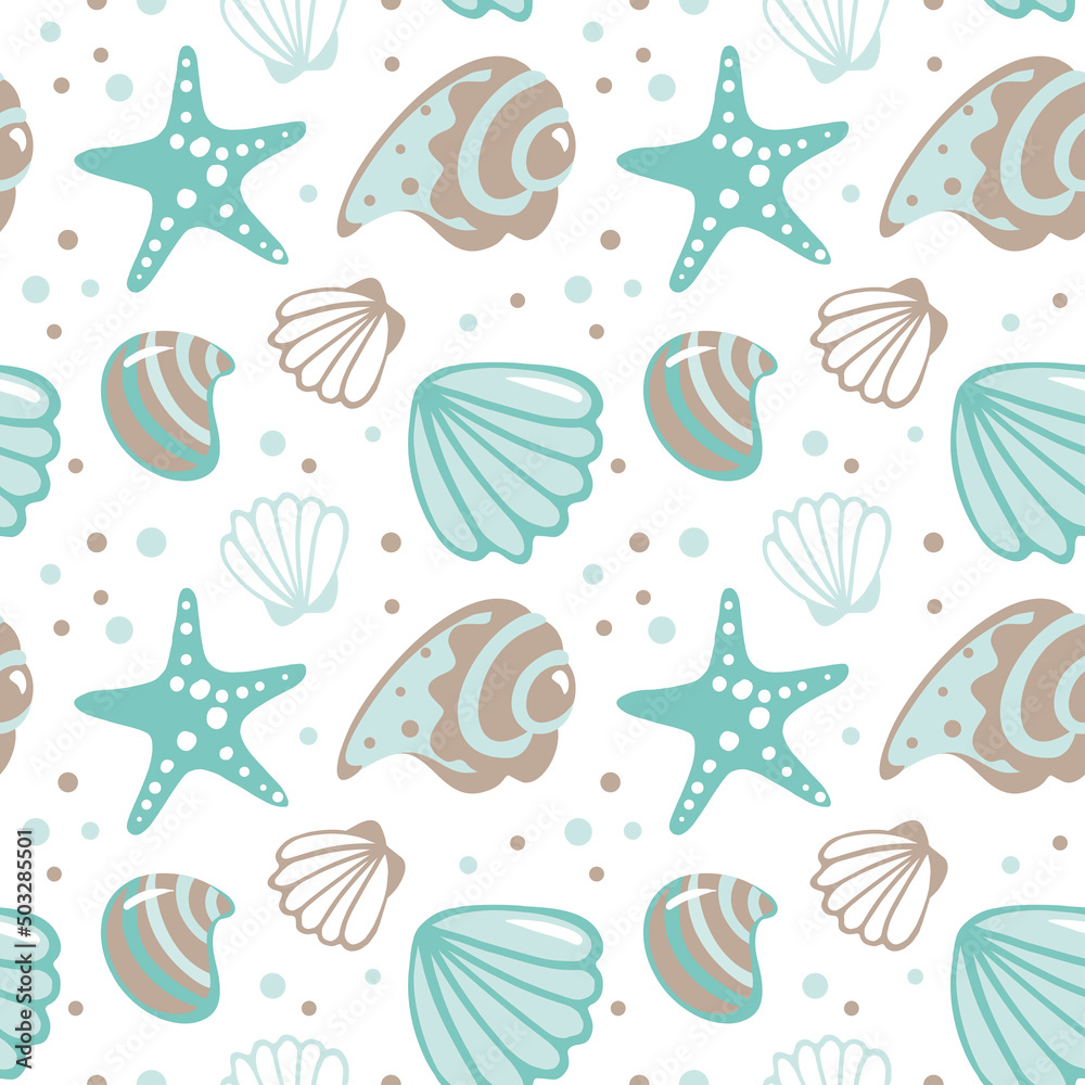 Sea shells. Ocean life. Seamless pattern. Summer print. Vector illustration.