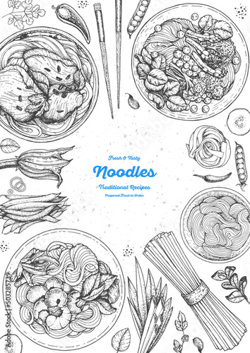 Asian food engraved sketch. Noodle dishes top view frame. Food menu design with cooked noodles . Vintage hand drawn sketch vector illustration. Asian cuisine menu background.