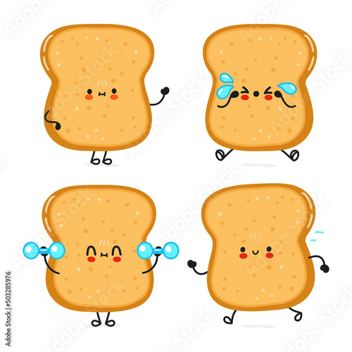 Funny cute happy sliced toast bread characters bundle set. Vector hand drawn doodle style cartoon character illustration icon design. Cute sliced toast bread mascot character collection