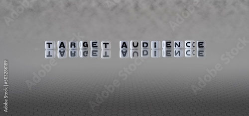 target audience word or concept represented by black and white letter cubes on a grey horizon background stretching to infinity