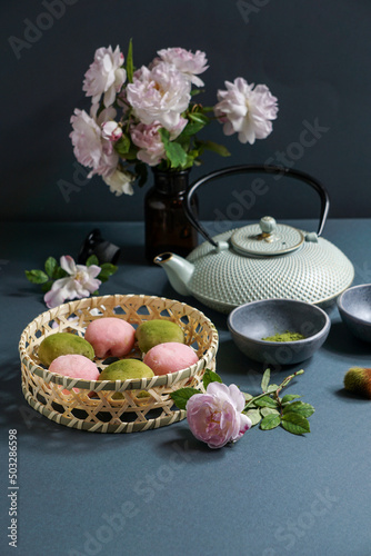 Japanese dessert mochi with matcha green tea powder and cherry,     japanese tea ceremony