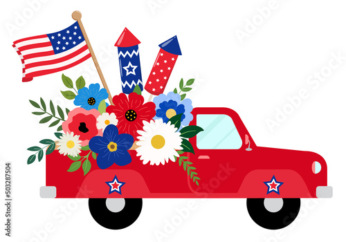 Patriotic red floral truck with holiday crackers and US flag illustration. Isolated on white background. 4th of July themed festive card design.