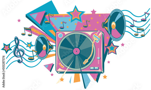 Colorful funky vinyl turntable, speakers and notes - musical design