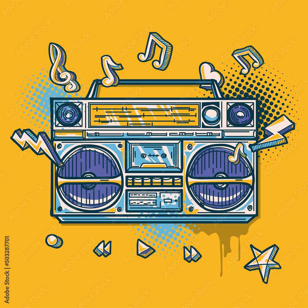 Music design - colorful drawn boom box tape recorder with clef and musical notes