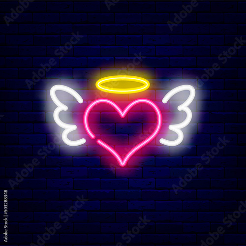 Heart with wings neon icon. Romantic signboard. Wedding concept. Valentines day emblem. Vector illustration
