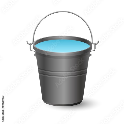 Iron bucket with water. Metal container with handle for housekeeping and gardening aluminum tool for transferring liquids and vector waste