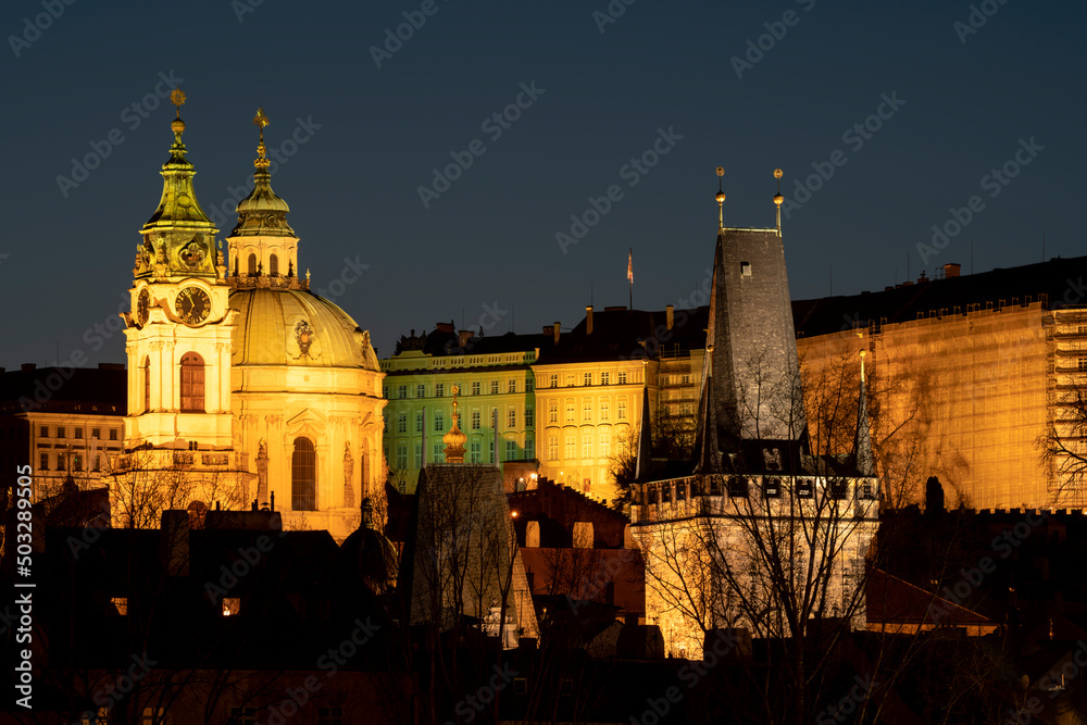 View of Prague historical center with the castle, Hradcany, Charles bridge and Vltava.Czech Republic