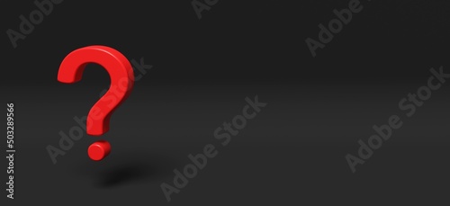 3d render. Red question mark on a black background. Free space for text. Banner size.
