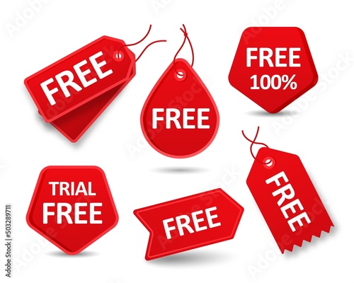 Set of red badge stickers free. Geometric label banner with drawstring threaded through hole marketing advertising promotion vector goods