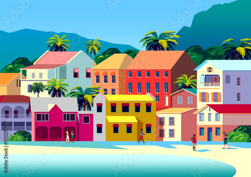 Tropical Island landscape with traditional houses, palm trees, sea and the mountains in the background. Handmade drawing vector illustration.