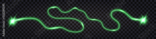 Green electric swirl wave, lightning thunder bolt, impulse discharge with shock light effect, wire cable isolated. shiny green trail, cyber technology design element. vector illustration