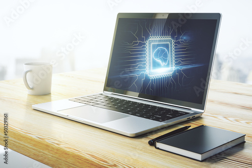 Modern computer display with creative human brain microcircuit. Future technology and AI concept. 3D Rendering