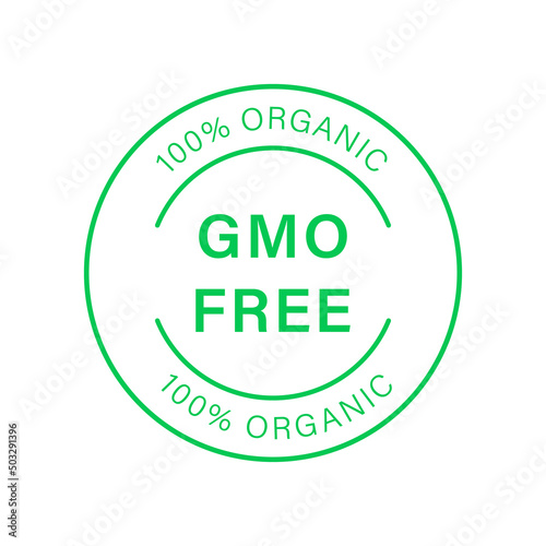 No GMO Logo. Vegetarian Healthy Food Sticker. Organic Nature Badge. Bio Eco Ingredients for Vegan Symbol. Non GMO Green Line Stamp. Free Genetically Modified Product Label. Vector Illustration