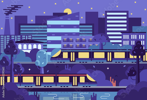 Two trains near the night city, vector illustration with megapolis futuristic panorama. Vector illustration in flat stile