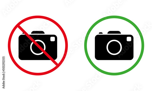 Photo Camera Zone Black Silhouette Icon. Notice Photography Allowed Area. Alert Camera Capture Zone Place Red Green Circle Symbol. No Photograph Camera Sign. Isolated Vector Illustration
