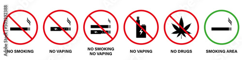 Ban Zone Smoke Marijuana Vape Cigarette Silhouette Icon Set. Forbidden Smoking Cannabis Pictogram. Notice Allow Smoke Area Green Sign. Smoke Prohibited Red Stop Symbol. Isolated Vector Illustration