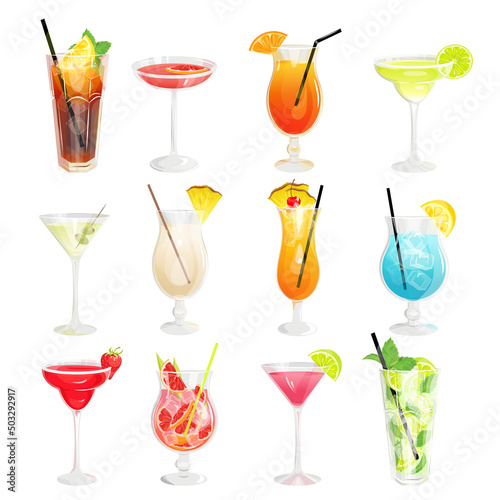 Cocktail set. Summer alcoholic drinks Daiquiri, Cosmopolitan, Long Island, Martini, Sex on the beach, Margarita, Pina Colada, Blue Lagoon, Muay Thai, etc. Vector illustration.
