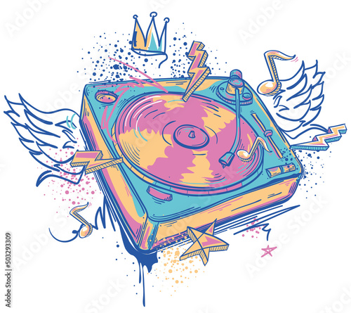 Drawn graffiti turntable and musical notes, colorful music design