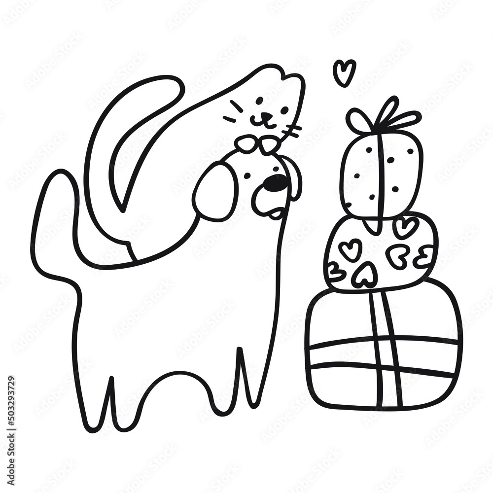 Cat and dog. Gift boxes. Birthday party. Vector outline illustration on white background. Cat and dog. Gift boxes. Birthday party. Vector outline illustration on white background.