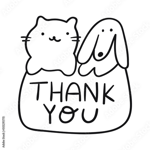 Badge - thank you. Cat and dog together. Vector illustration.