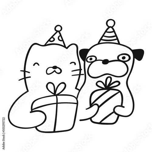 Cat and dog hold gift boxes.  Birthday concept. Hand drawn outline vector icon illustration.