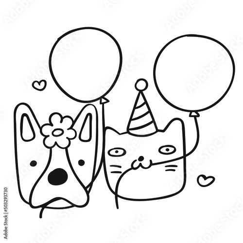 Cat and dog happy faces with air balloons. Birthday concept. Hand drawn vector outline illustration.