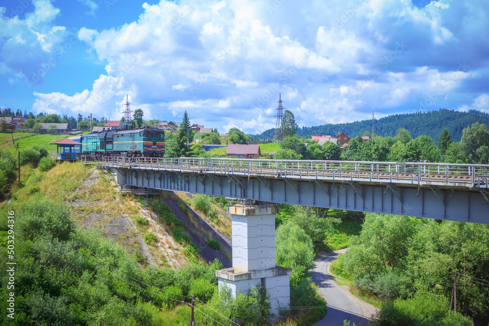 The passage of the train on the viaduct in Vorokhta