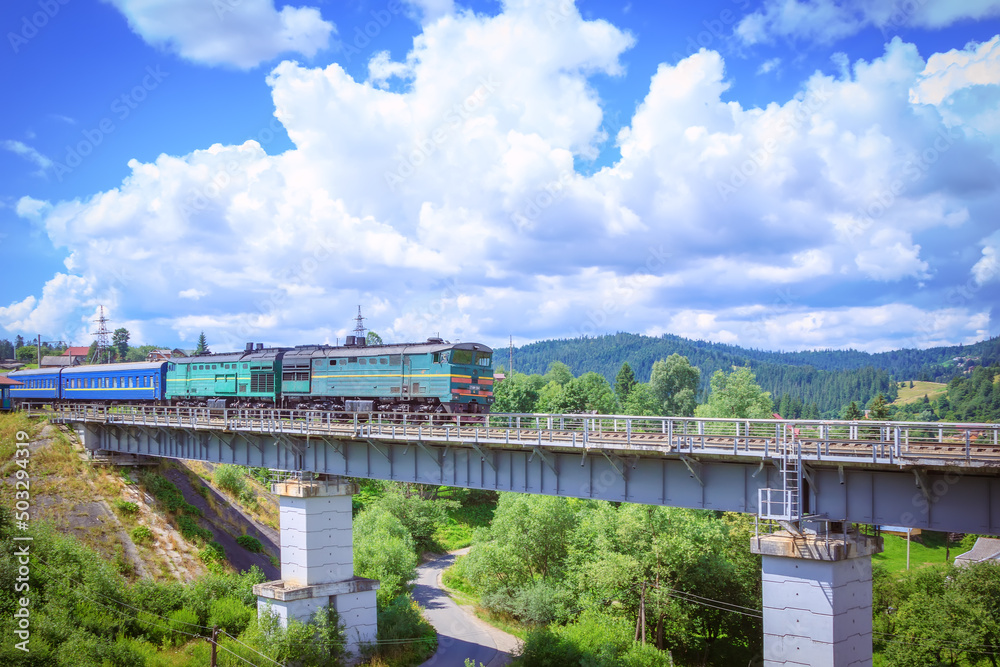 The passage of the train on the viaduct in Vorokhta