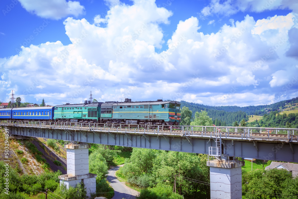 The passage of the train on the viaduct in Vorokhta