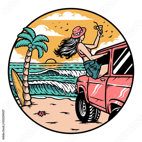 Woman on the beach with a car