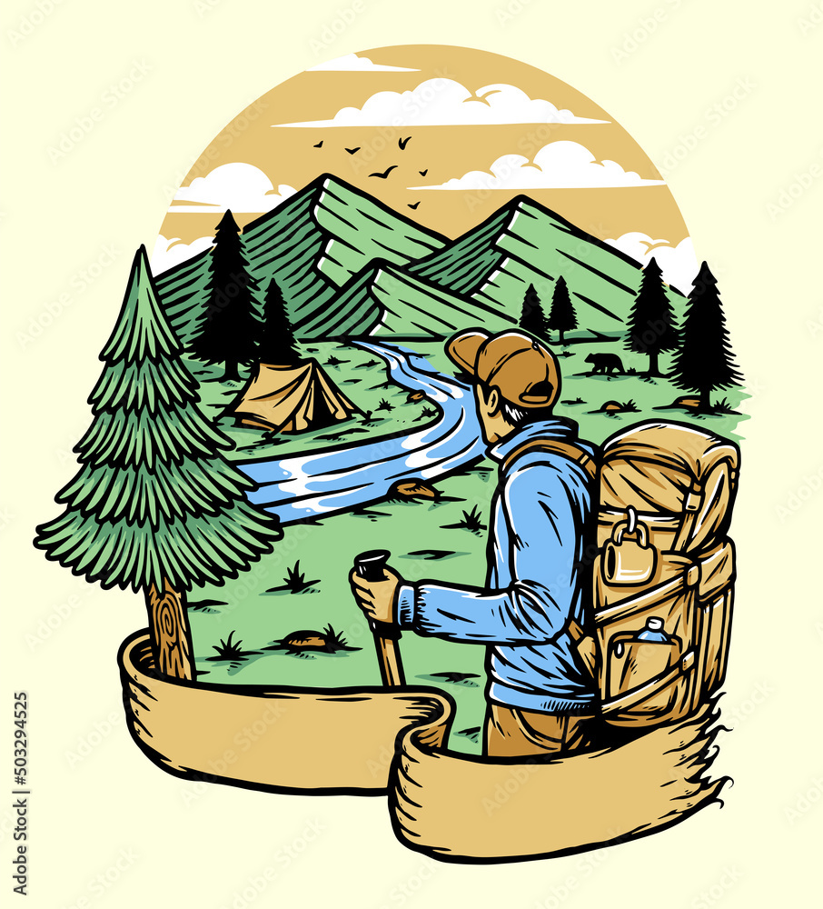 Mountain hiker adventure illustration - obrazy, fototapety, plakaty 
