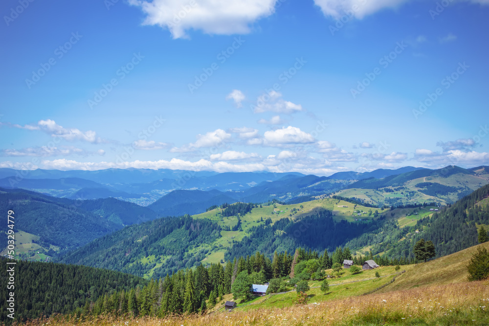 View of the mountains on the way to the Pysanyj stone. Carpathians