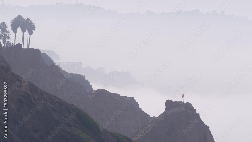 Steep unstable cliff, rock or bluff, foggy weather, California coast erosion, USA. Torrey Pines eroded crag overlook viewpoint. Misty white air. Palm tree in haze, fog or smog. Low visibility in brume