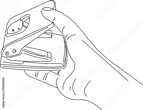 Outline sketch drawing of hand holding paper punching machine, Office tools logo silhouette, line art vector illustration of paper punching machine