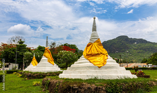 Three Pagodas Pass or Dan Chedi Sam Ong, Thai border with the Union of Myanmar at Sangkhlaburi District, Kanchanaburi, Thailand photo