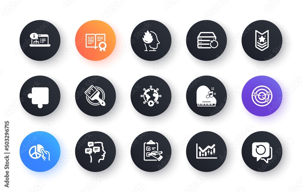 Minimal set of Financial diagram, Video conference and Recovery server flat icons for web development. Checklist, Messages, Pie chart icons. Online documentation, Brush, Puzzle web elements. Vector Minimal set of Financial diagram, Video conference and Recovery server flat icons for web development. Checklist, Messages, Pie chart icons. Online documentation, Brush, Puzzle web elements. Vector