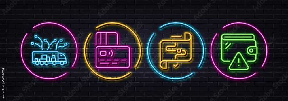Card, Truck delivery and Target path minimal line icons. Neon laser 3d lights. Wallet icons. For web, application, printing. Bank payment, Logistics, Business aim. Money budget. Vector