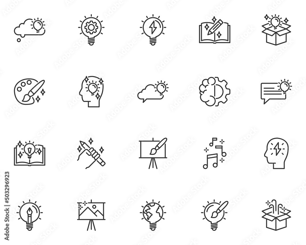 set of creative line icons, idea, light bulb, thinking, imagination