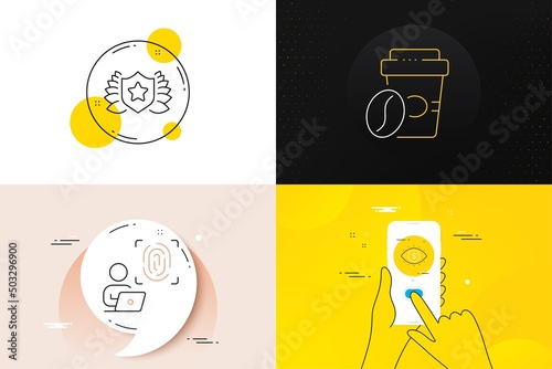 Minimal set of Business vision, Computer fingerprint and Laureate line icons. Phone screen, Quote banners. Takeaway coffee icons. For web development. Vector