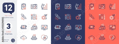 Set of Coronavirus spray, Chemistry pipette and Cloud computing line icons. Include Copywriting notebook, Report, Graph chart icons. Inspect, Motherboard, Euler diagram web elements. Blood. Vector photo