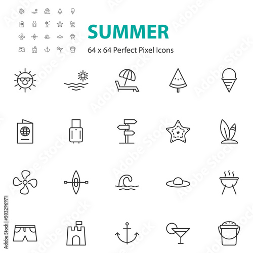 set of summer line icons, beach, vacation, travel