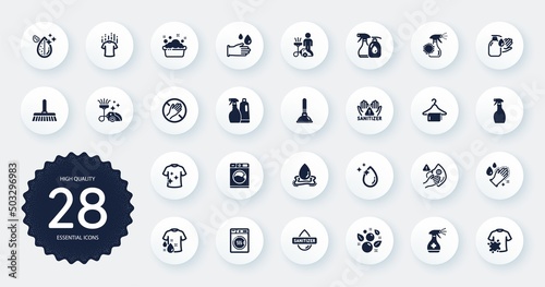 Set of Cleaning icons, such as Rubber gloves, Dont touch and Cleaning flat icons. Clean bubbles, Clean hands, Medical cleaning web elements. Hand sanitizer, Dry t-shirt, Water drop signs. Vector