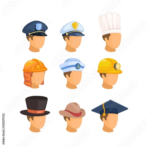 Male head with hat profession symbol avatar collection set cartoon illustration vector