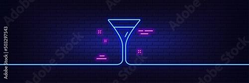Neon light glow effect. Martini glass line icon. Wine glass sign. 3d line neon glow icon. Brick wall banner. Martini glass outline. Vector