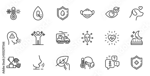 Outline set of Heartbeat  Organic tested and Thermometer line icons for web application. Talk  information  delivery truck outline icon. Include No alcohol  Sick man  Face biometrics icons. Vector