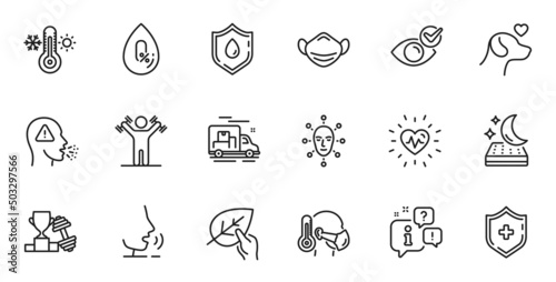 Outline set of Heartbeat, Organic tested and Thermometer line icons for web application. Talk, information, delivery truck outline icon. Include No alcohol, Sick man, Face biometrics icons. Vector