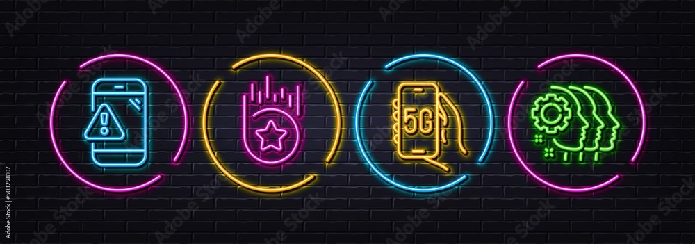 Warning message, 5g internet and Loyalty star minimal line icons. Neon laser  3d lights. Employees teamwork icons. For web, application, printing. Vector  Stock ベクター | Adobe Stock